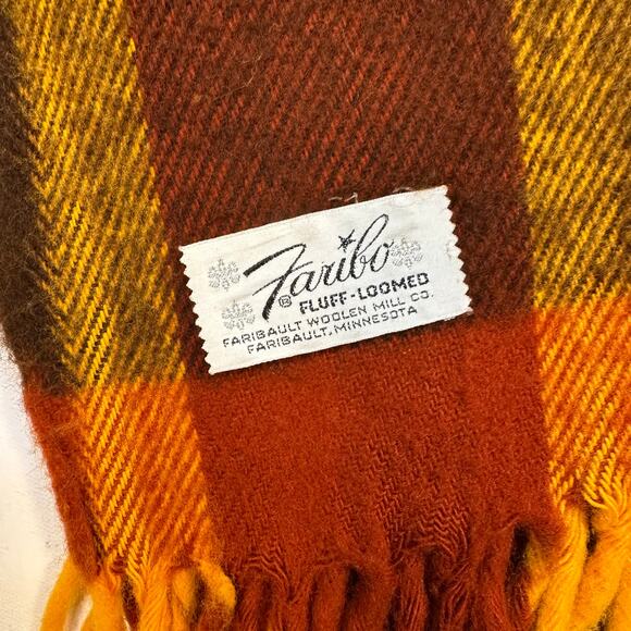 Vintage Faribo Wool Blend Plaid Fringed Throw Blanket in Orange, Brown and Gold - Picture 4 of 7